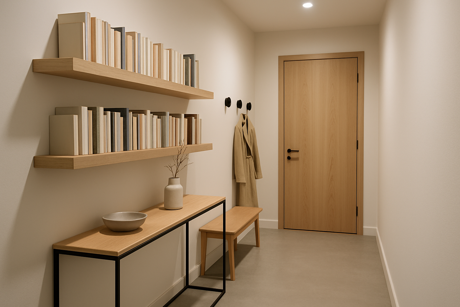 Een moderne hal met hal meubelen en een lichte houten zwevende boekenplanken met boeken erop.