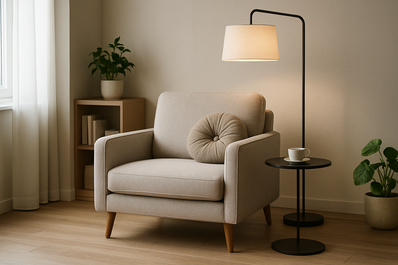 Een moderne zithoek met een comfortabele leesstoel met daarop een rond sierkussen.