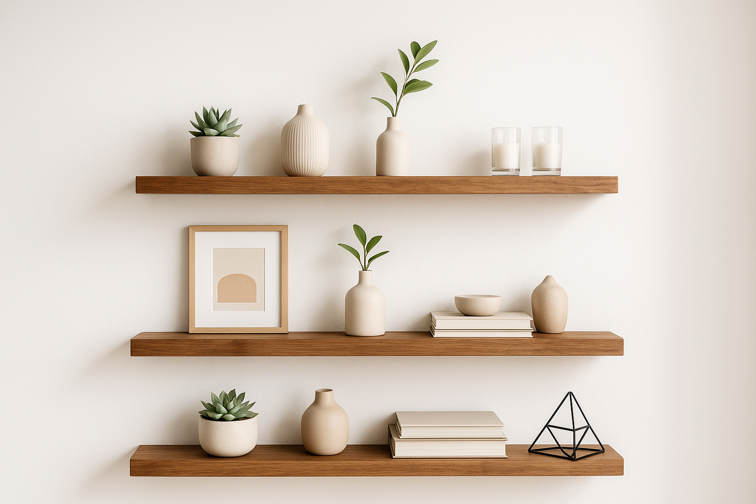 Een witte muur met daarop 3 houten zwevende wandplanken met decoraties op de planken.