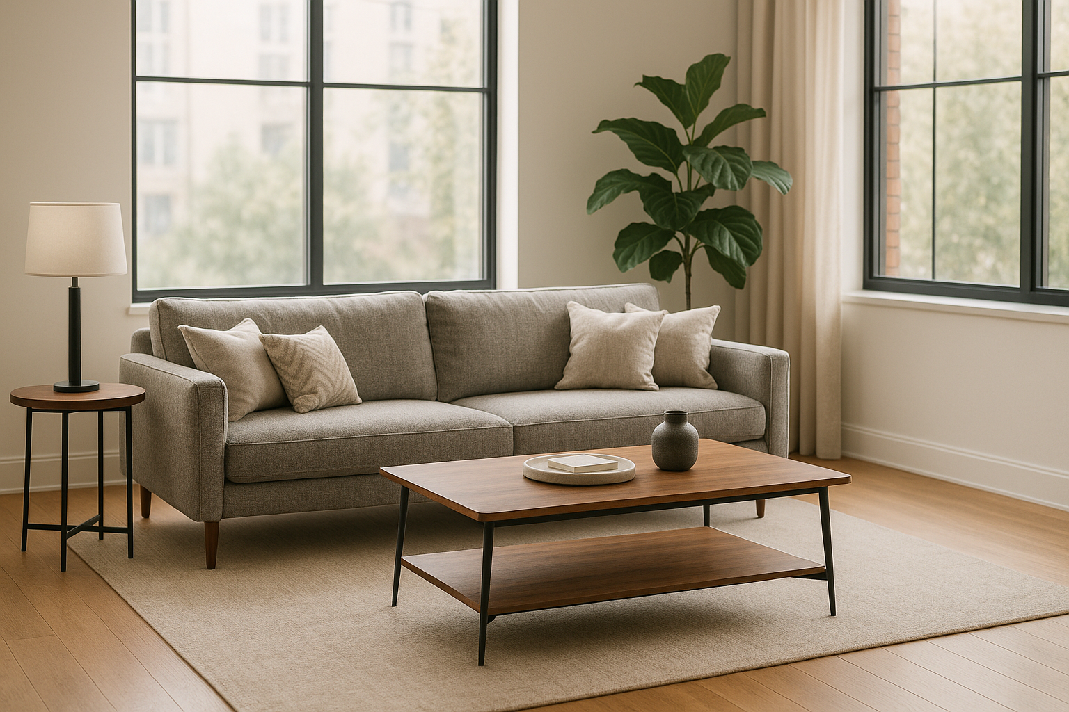 a wide shot of a living room soft daylight with modern furniture, a couch, side table, and coffee table, warm wood and black metal accents, a plant in the corner, the couch has a slight texture and is grey, it has throw pillows on it