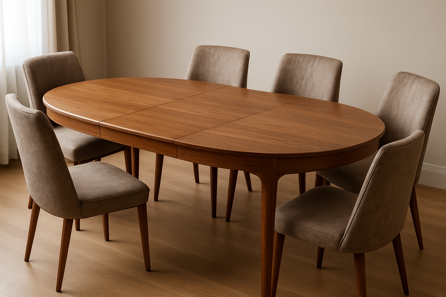 een uitschuifbare ronde tafel in de verlengde vorm van een ovaal met daaromheen 6 comfortabele microvezel eetkamerstoelen.