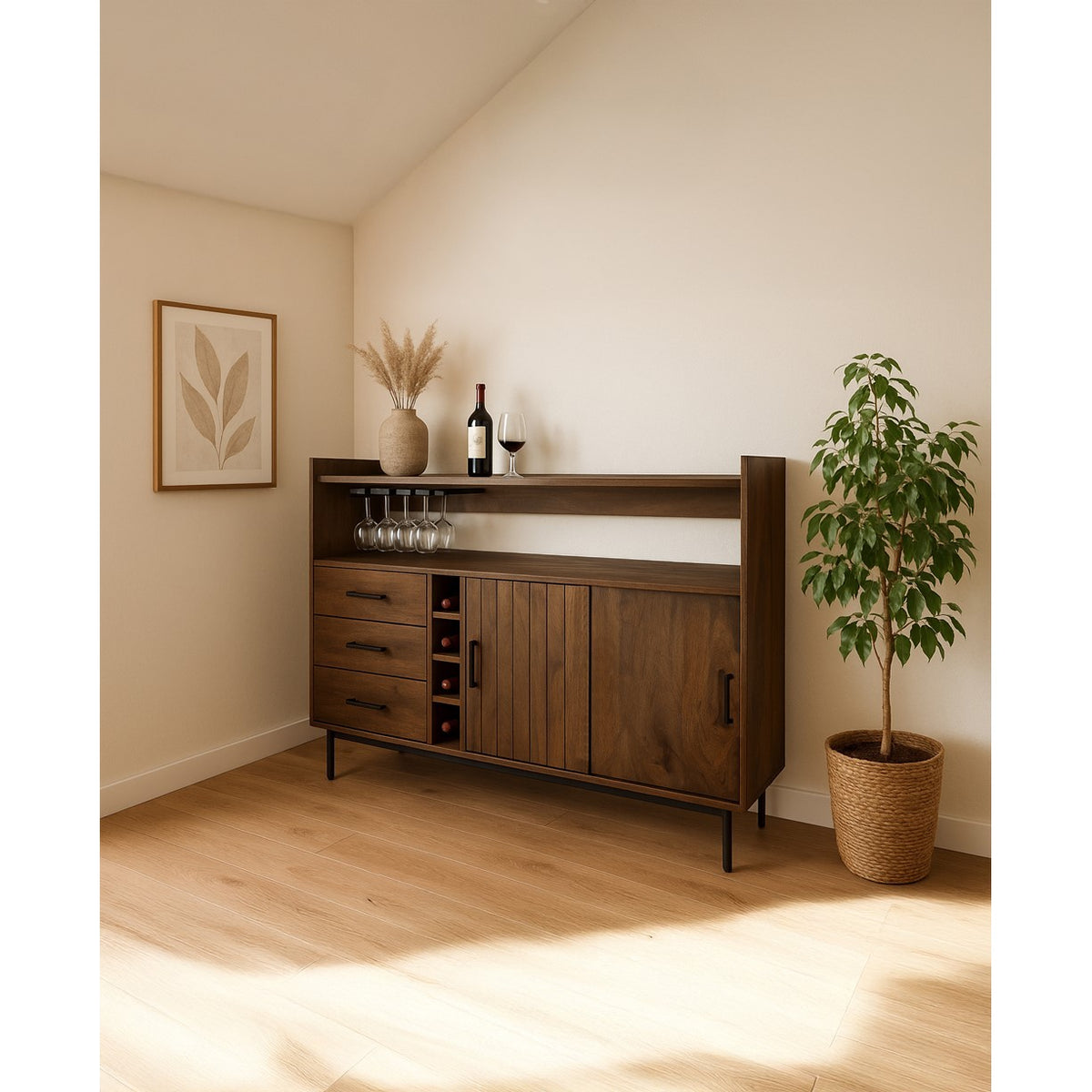 Barkast 160 met 2 schuifdeuren en 3 lades, Mango Brown Walnut – afbeelding 2