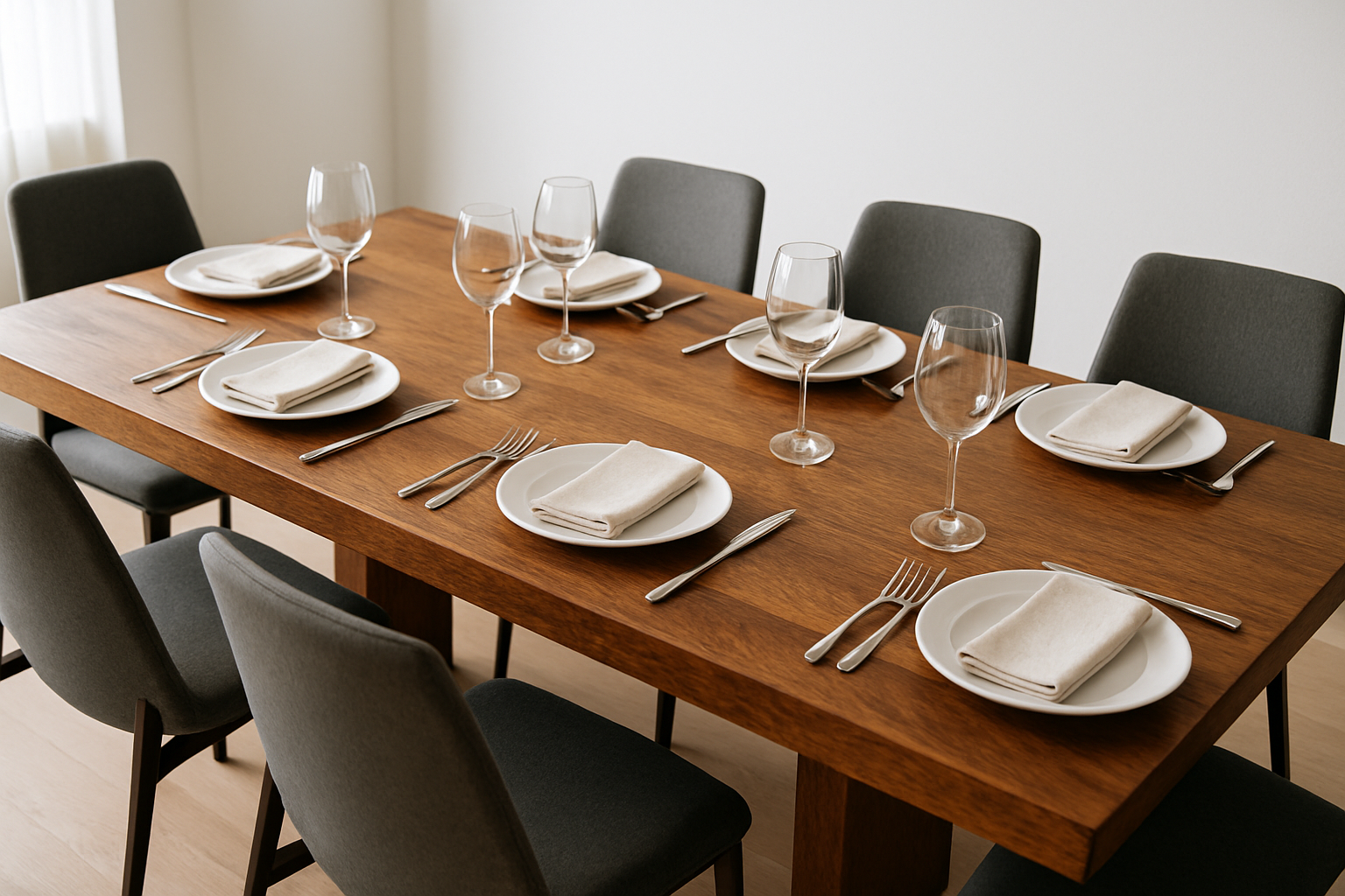 grote houten eetkamertafel van 240 met de tafel gedekt en 6 moderne stoelen eromheen.