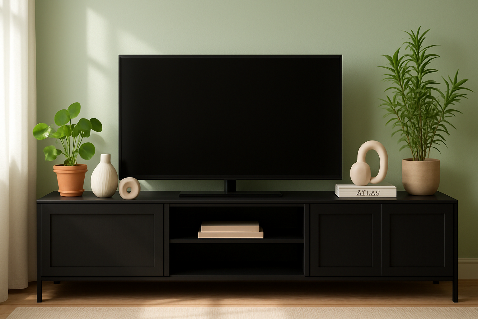 zwarte tv-meubel 240cm tegen de muur met trendy decoraties en zacht daglicht en een lichtgroene muur erachter.