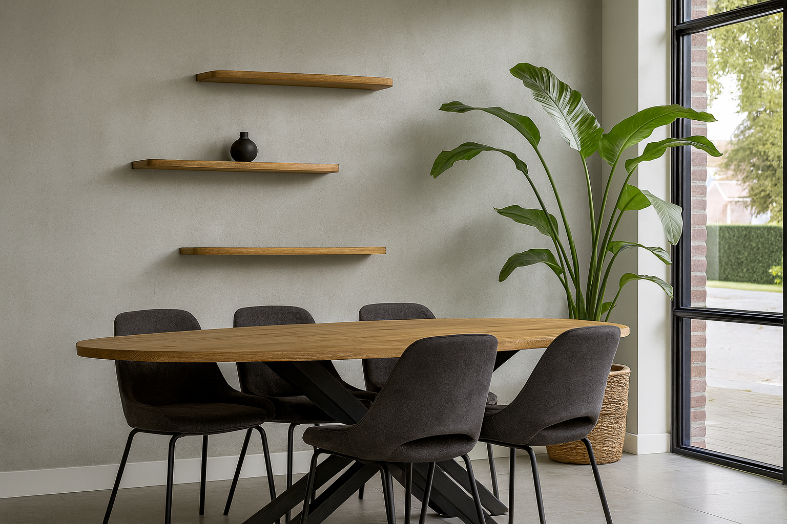 Set van drie houten boomstam wandplanken in een moderne eetkamer, gecombineerd met een organische eettafel, zwarte eetkamerstoelen en een groene kamerplant naast een groot raam.