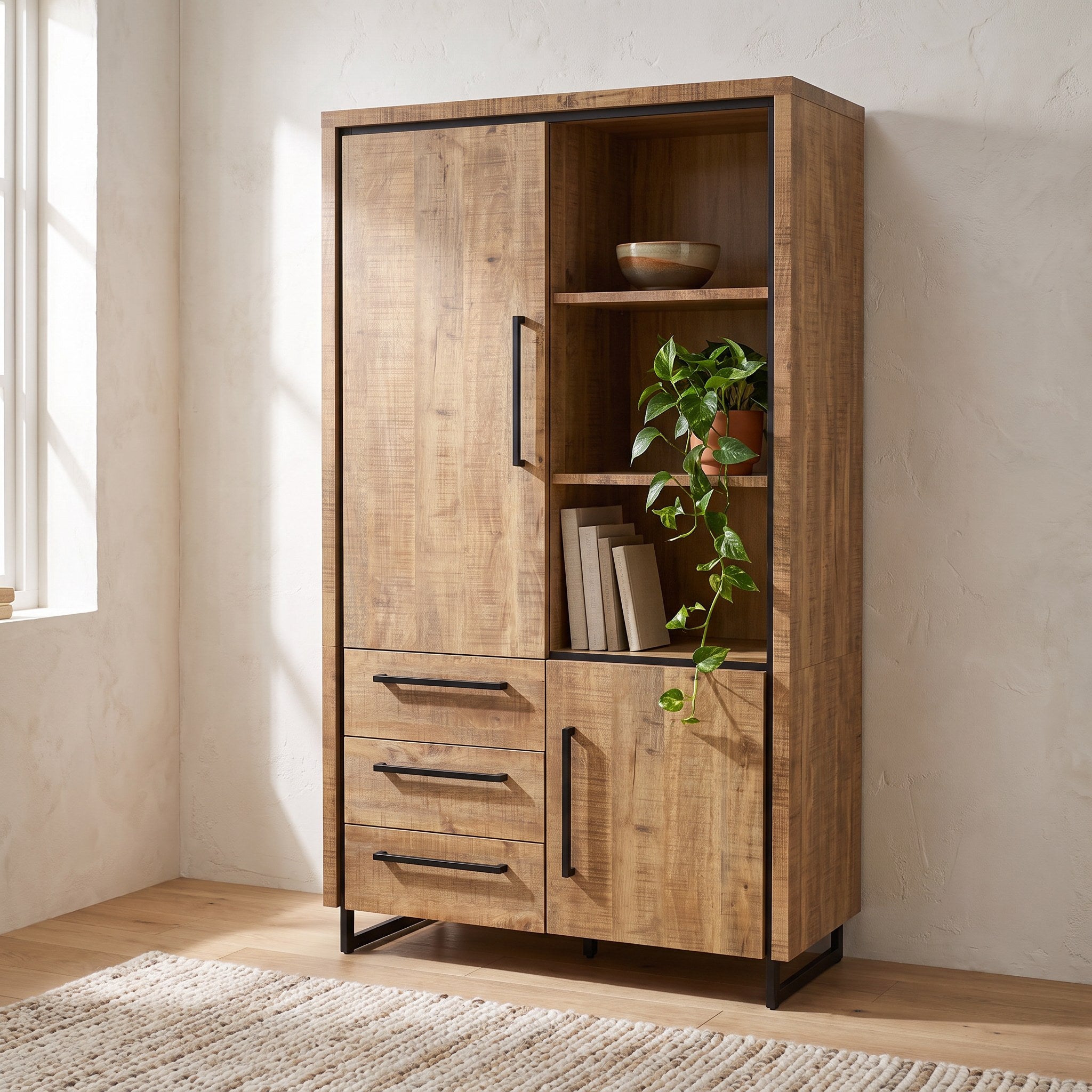 Bergkast Charly 118 cm in mango Lamulux in een moderne woonkamer