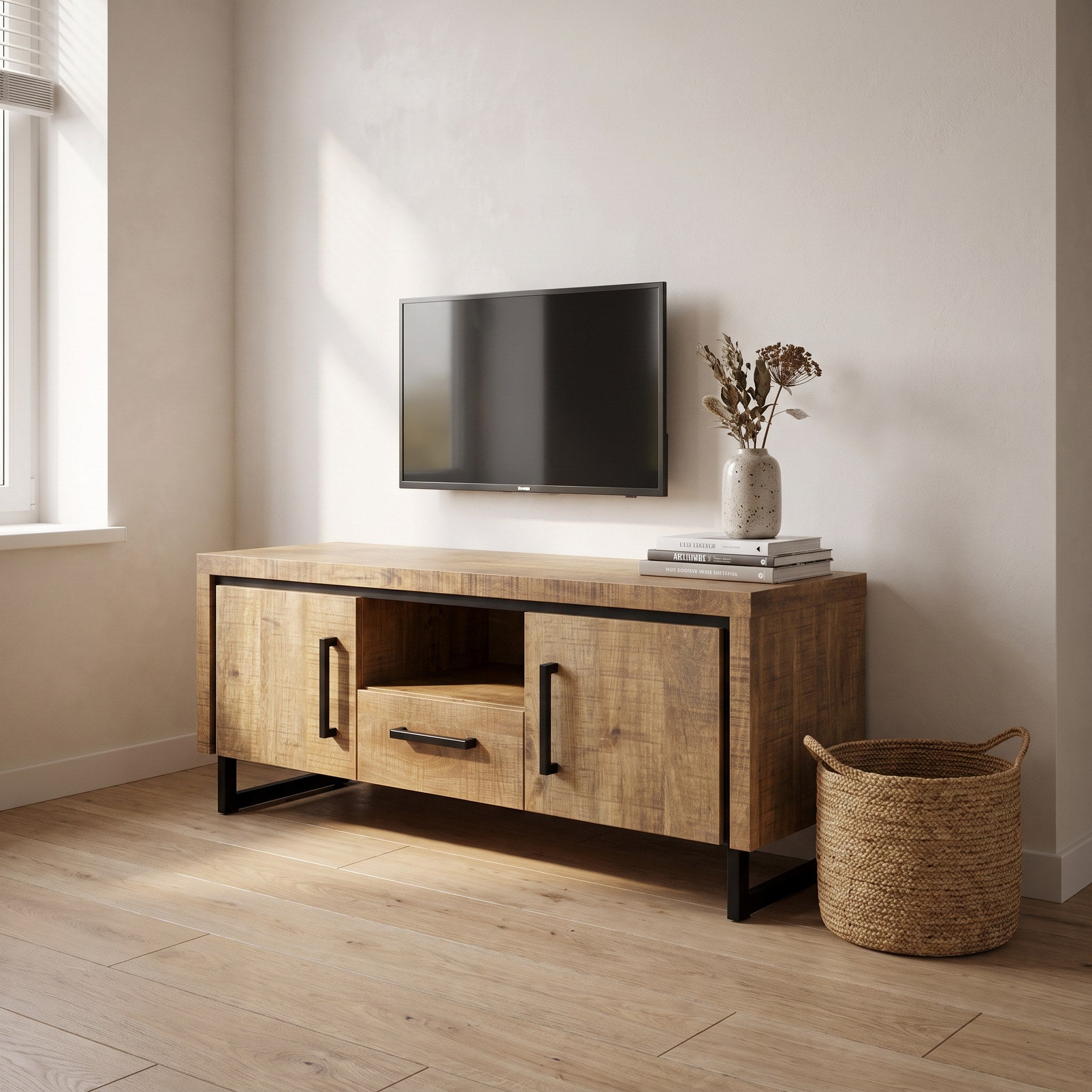 TV-meubel Charly 130 cm in mango Lamulux in een moderne woonkamer