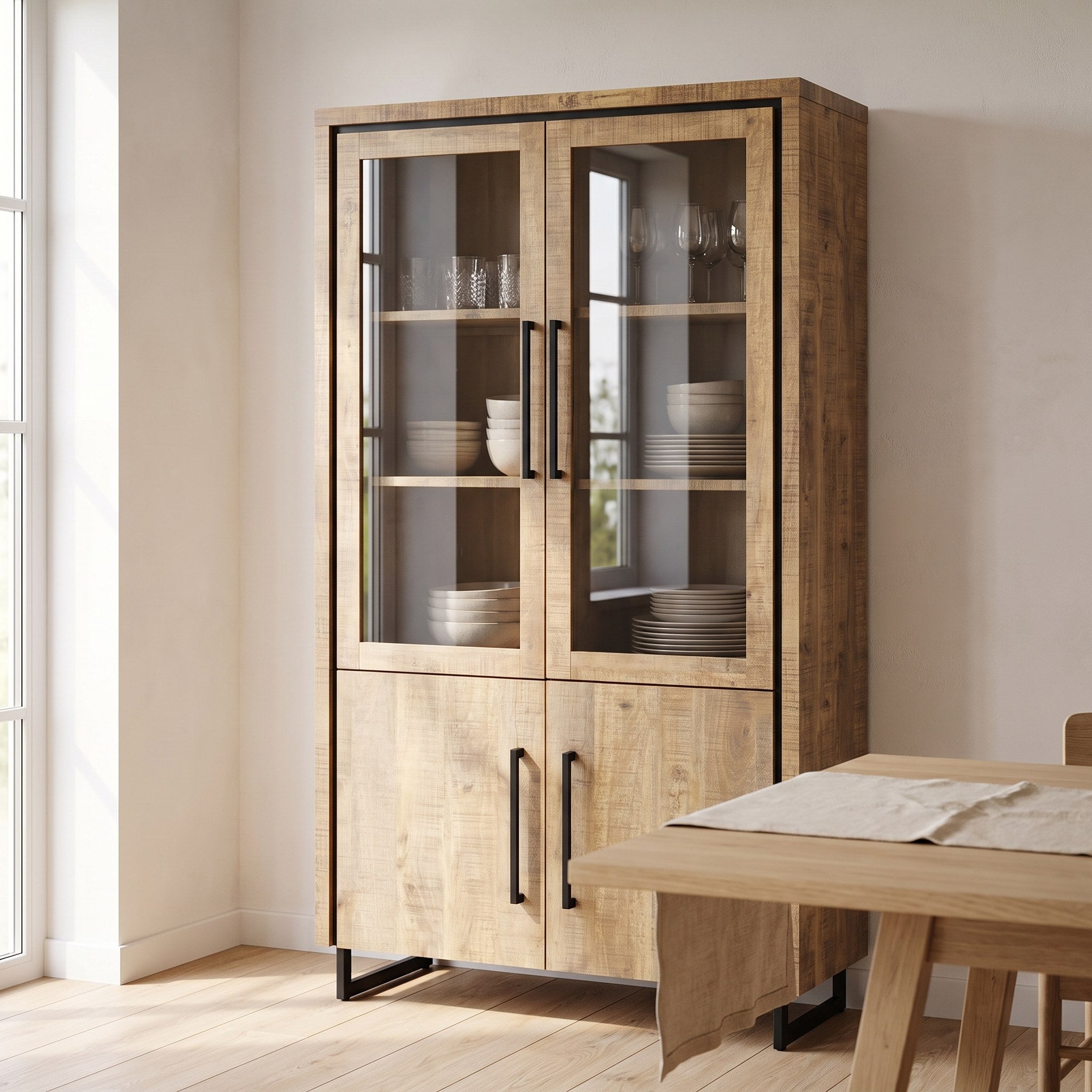 Vitrinekast Charly 118 cm in mango Lamulux in een moderne eetkamer