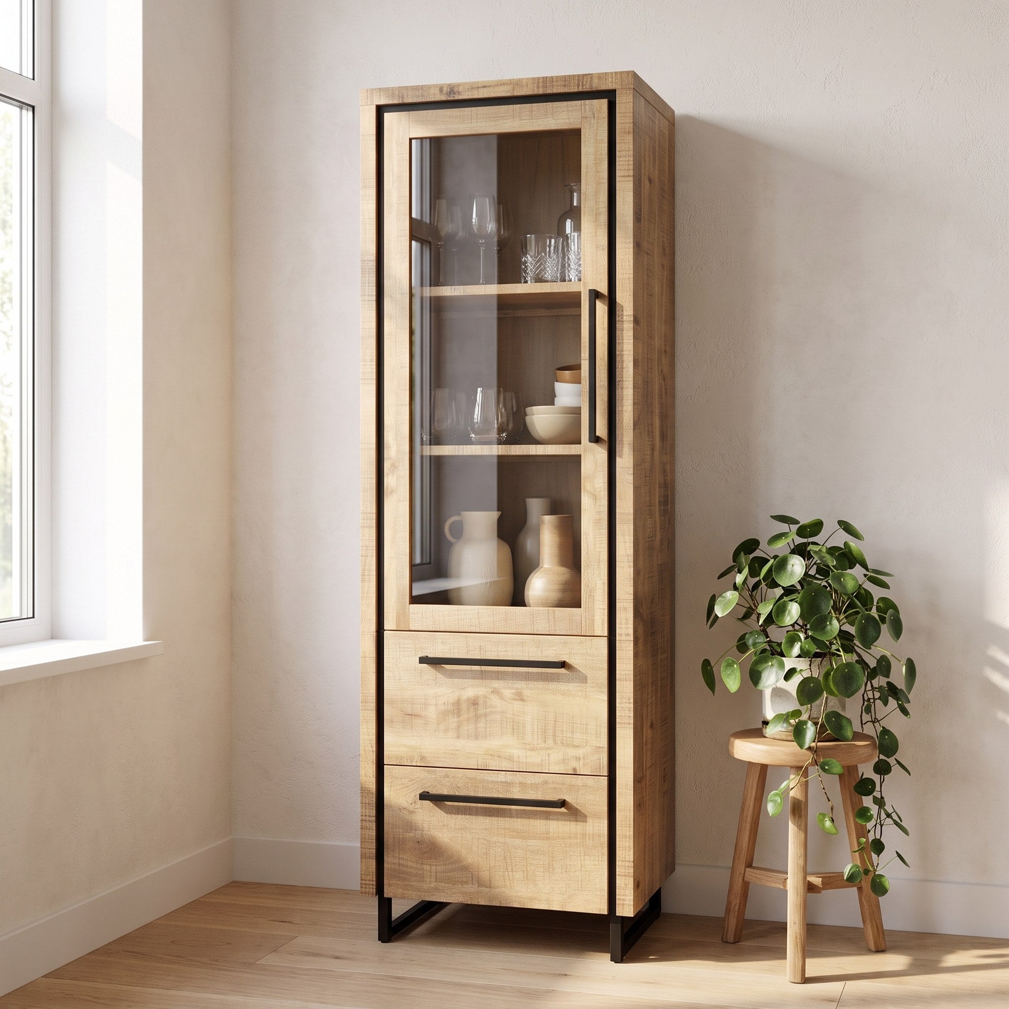 Vitrinekast Charly 65 cm in mango Lamulux in een moderne woonkamer