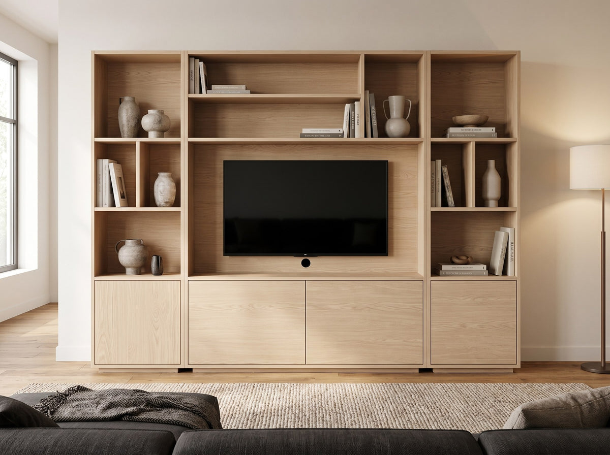 Cinewall TV wandmeubel Large (ruim 200 cm hoog) in kleur Blond Oak in moderne woonkamer