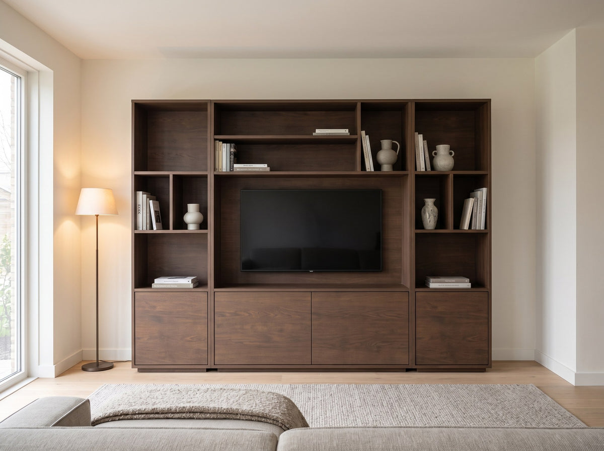 Cinewall TV wandmeubel Large (ruim 200 cm hoog) in kleur Dark Almond in moderne woonkamer