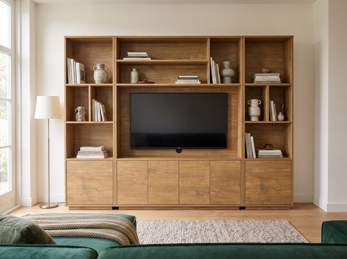 Cinewall TV wandmeubel Large (ruim 200 cm hoog) in kleur Mango in moderne woonkamer