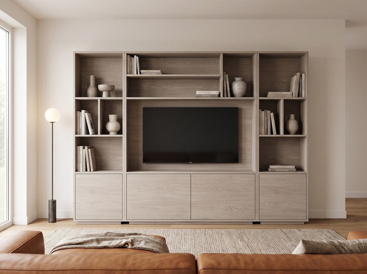 Cinewall TV wandmeubel Large (ruim 200 cm hoog) in kleur Misty Oak in moderne woonkamer