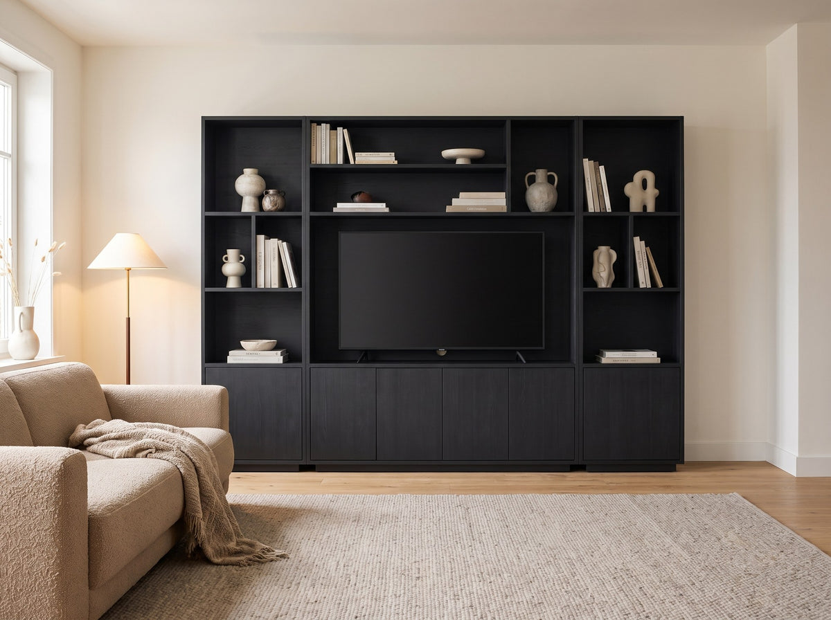Cinewall TV wandmeubel Large (ruim 200 cm hoog) in kleur Noir in moderne woonkamer