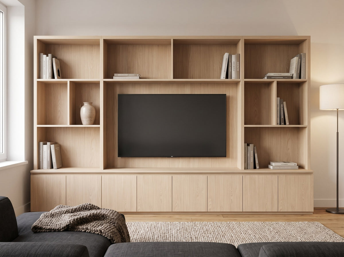 Cinewall TV wandmeubel Medium (ca. 160 cm hoog) in kleur Blond Oak in moderne woonkamer