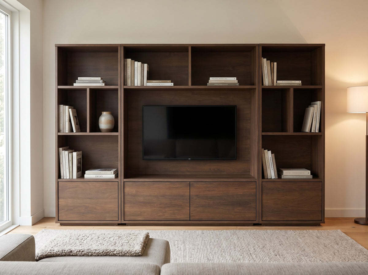 Cinewall TV wandmeubel Medium (ca. 160 cm hoog) in kleur Dark Almond in moderne woonkamer
