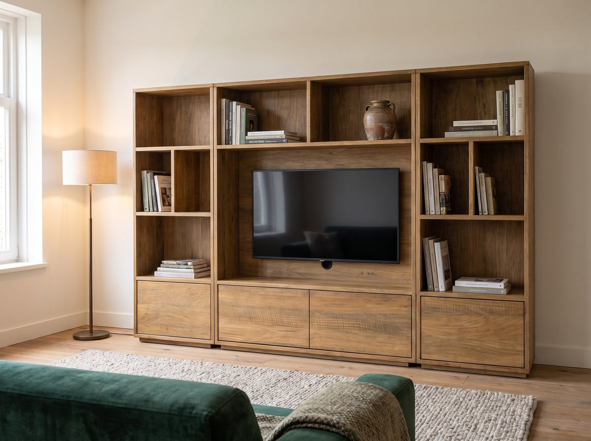 Cinewall TV wandmeubel Medium (ca. 160 cm hoog) in kleur Mango in moderne woonkamer