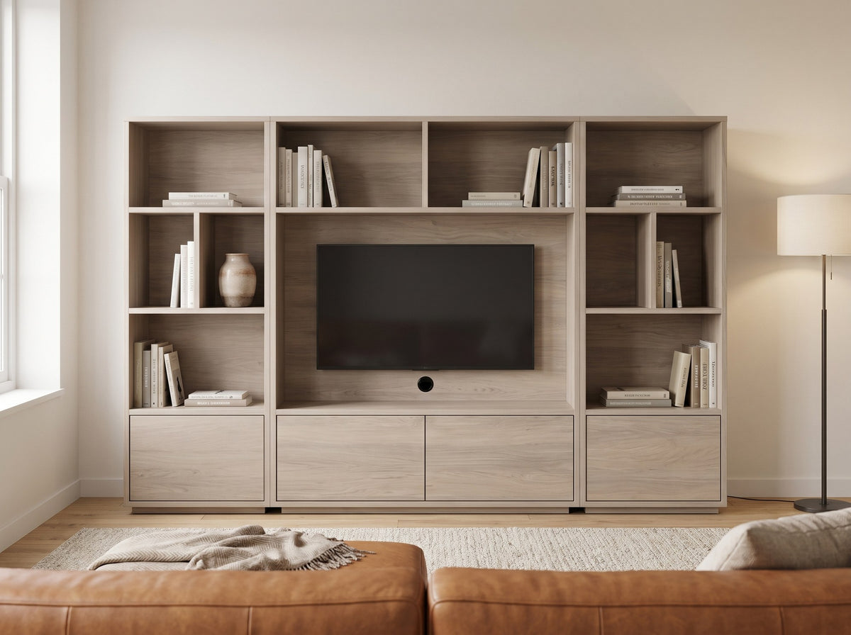Cinewall TV wandmeubel Medium (ca. 160 cm hoog) in kleur Misty Oak in moderne woonkamer