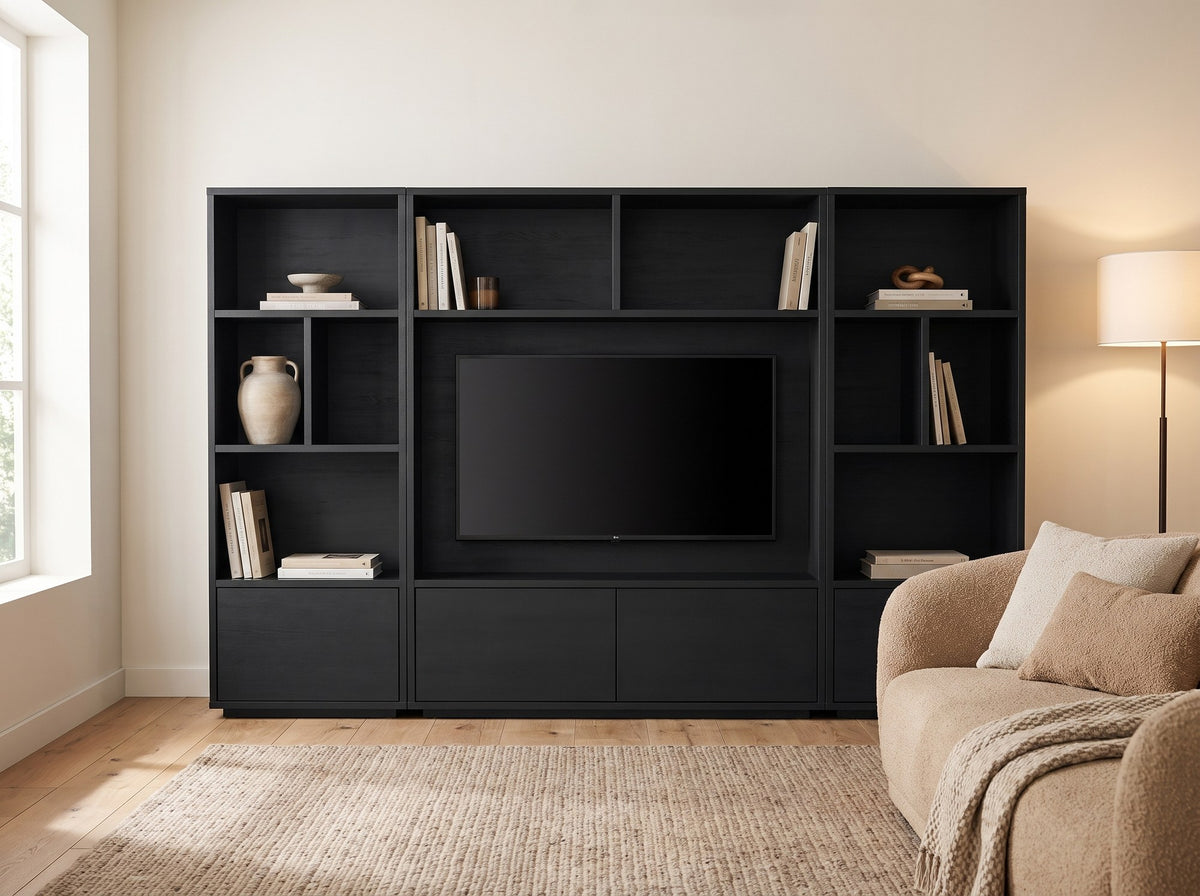 Cinewall TV wandmeubel Medium (ca. 160 cm hoog) in kleur Noir in moderne woonkamer