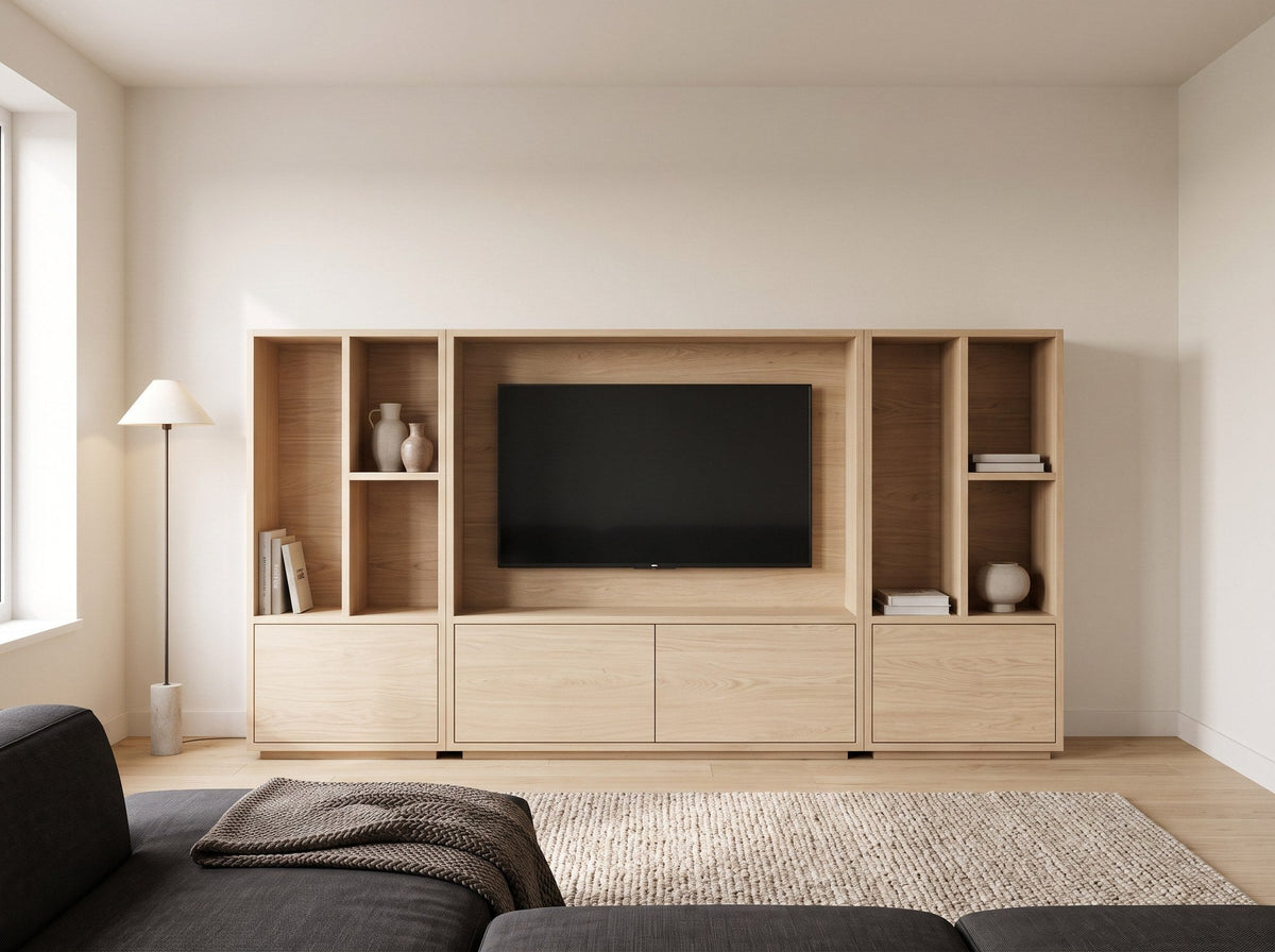 Hangend TV meubel Cinewall B254 cm in kleur Blond Oak in moderne woonkamer