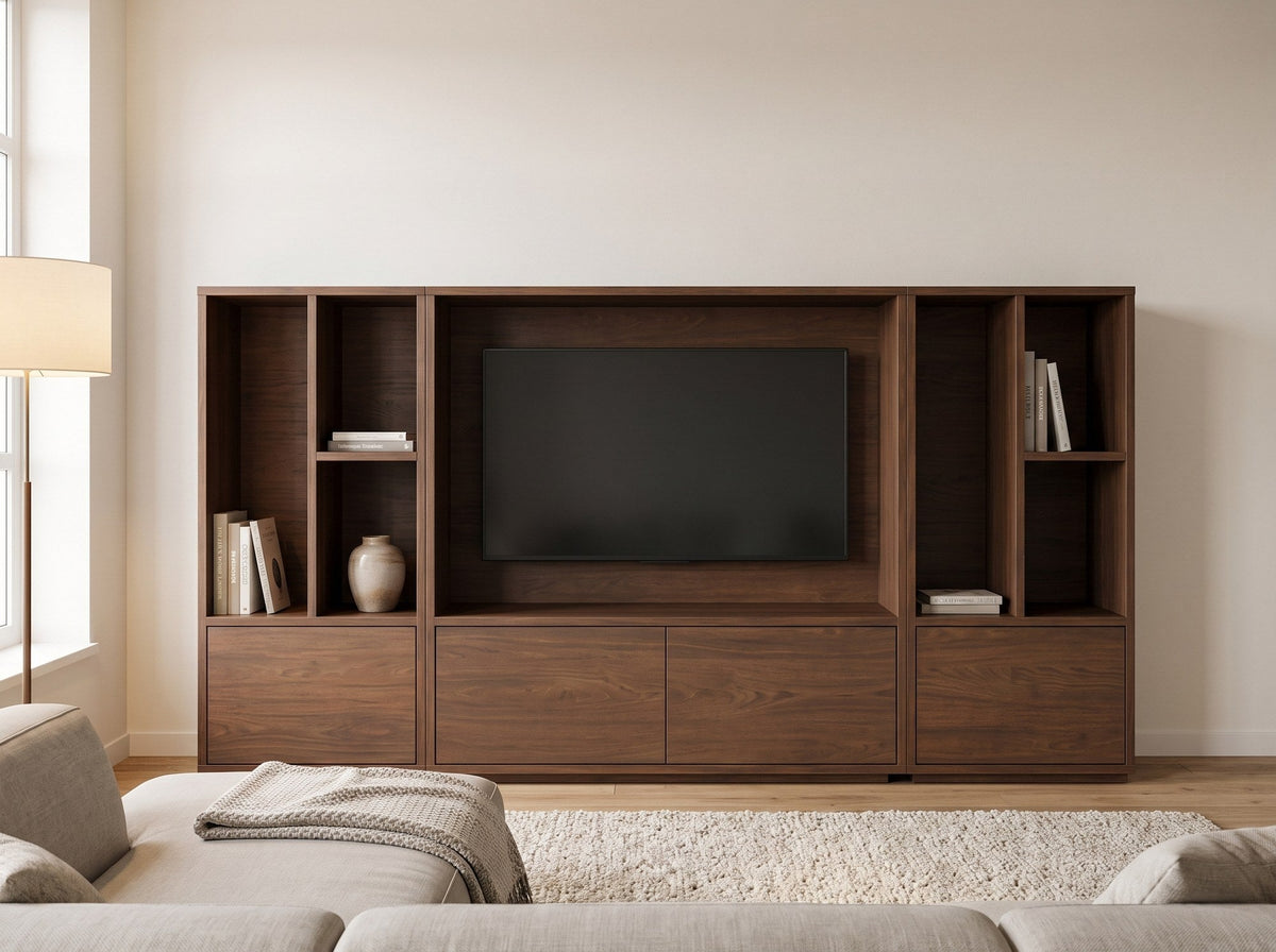 Hangend TV meubel Cinewall B254 cm in kleur Dark Almond in moderne woonkamer