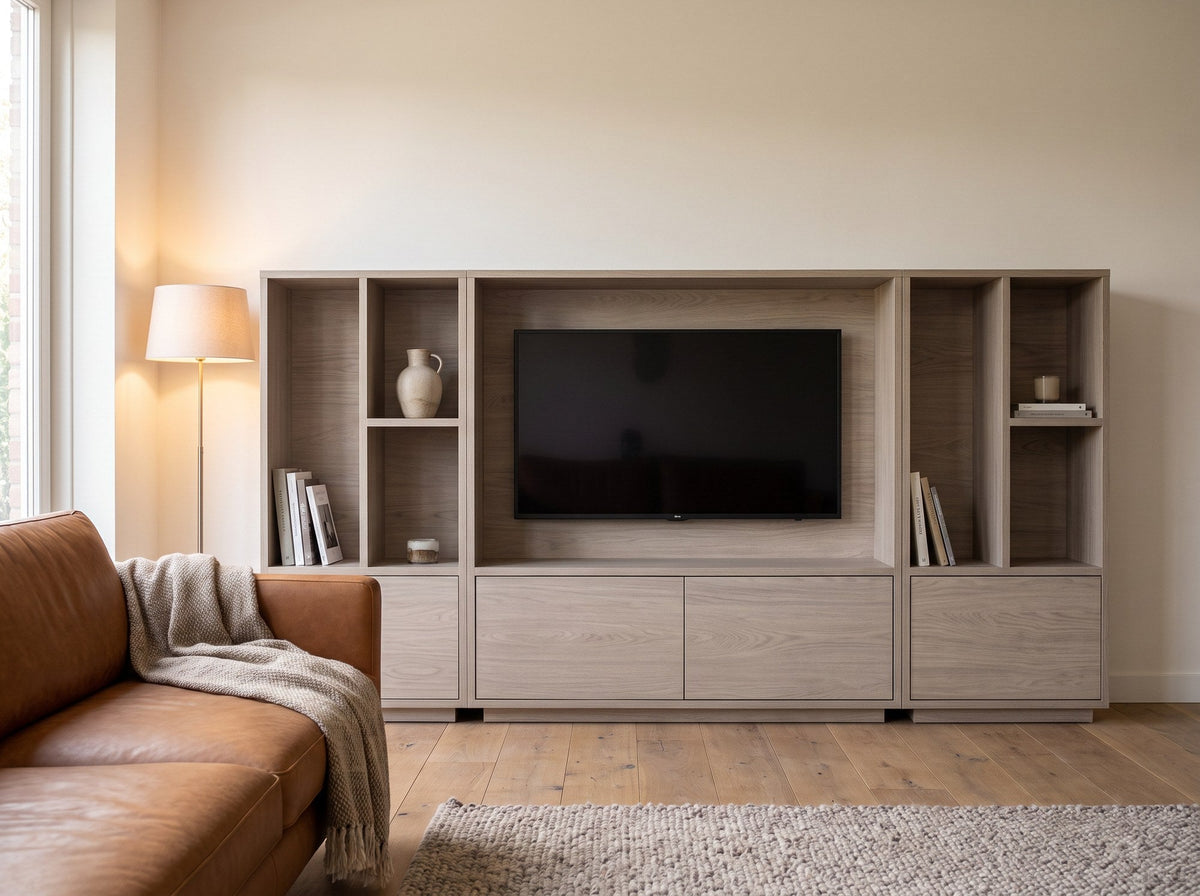 Hangend TV meubel Cinewall B254 cm in kleur Misty Oak in moderne woonkamer