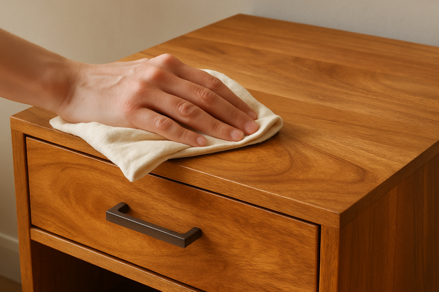 Close-up van een hand die een nachtkastje van mangohout afveegt met een doek.