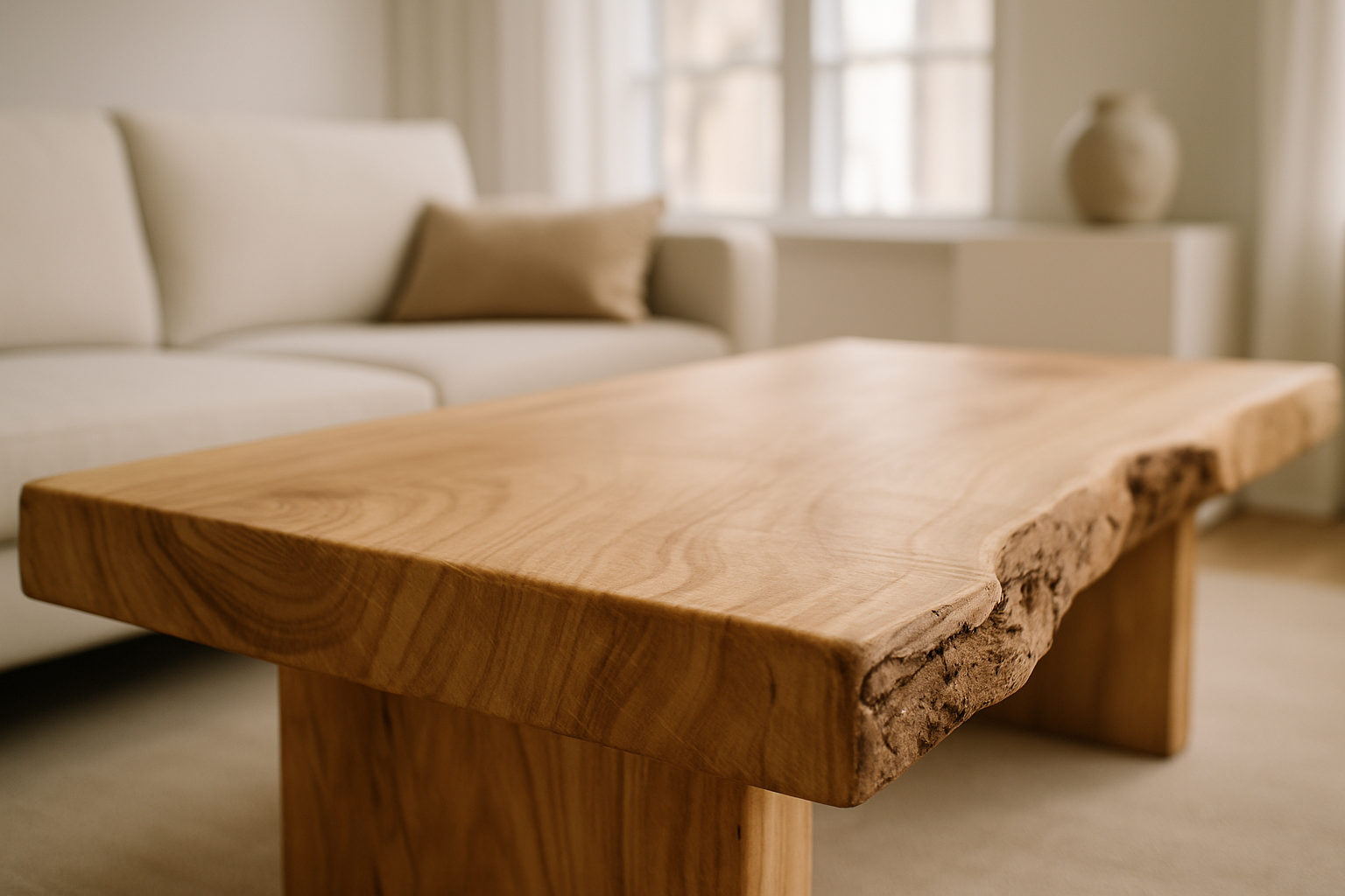 Robuuste houten salontafel met ruwe zijkanten en houten poten in een wit modern interieur met een zachte bank er achter naast een raam.