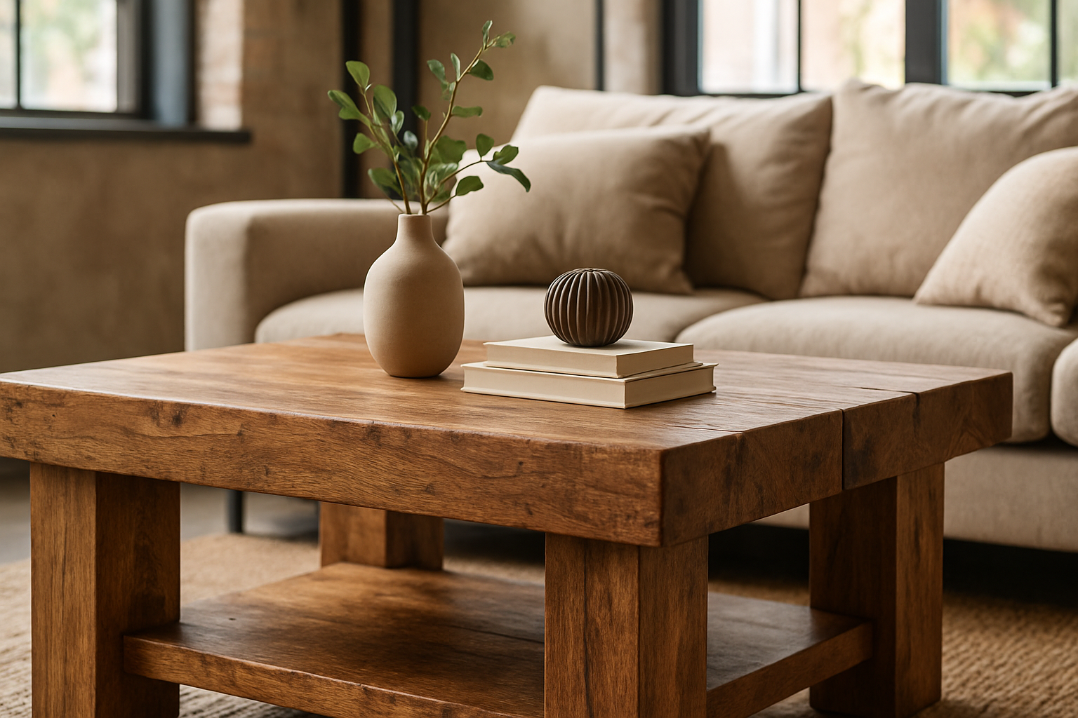 Robuuste houten salontafel in een landelijk modern interieur met een zachte katoenen witte bank en warm gekleurde muren.