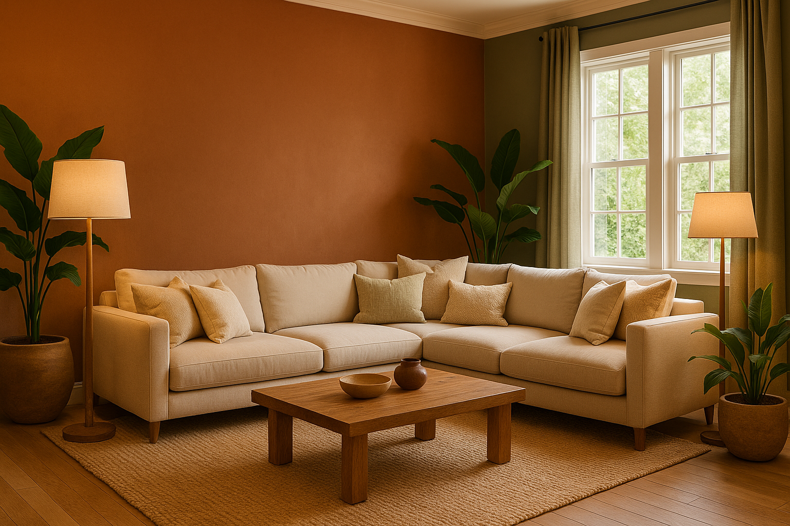 Comfortabele moderne woonkamer in aardse kleuren met de focus op de katoenen beige sierkussens op de bank.