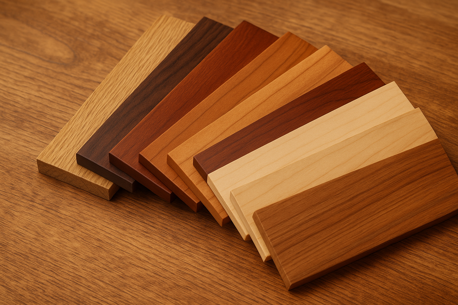 Verschillende kleine houten planken die een beetje over elkaar op een tafel zijn gestapeld om verschillende houtstalen te laten zien.