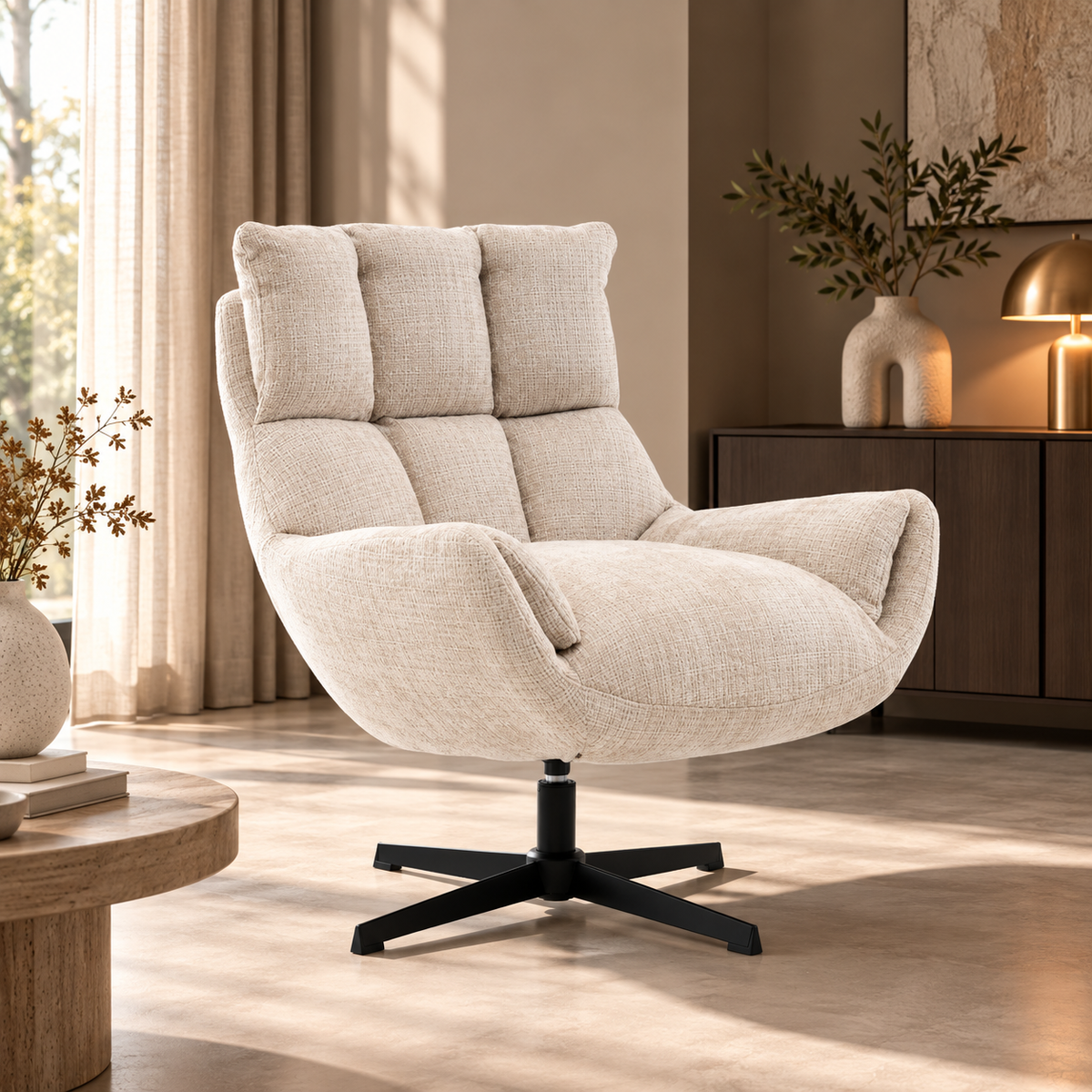 Draaifauteuil Janna beige schuin vooraanzicht bij het raam in een moderne woonkamer