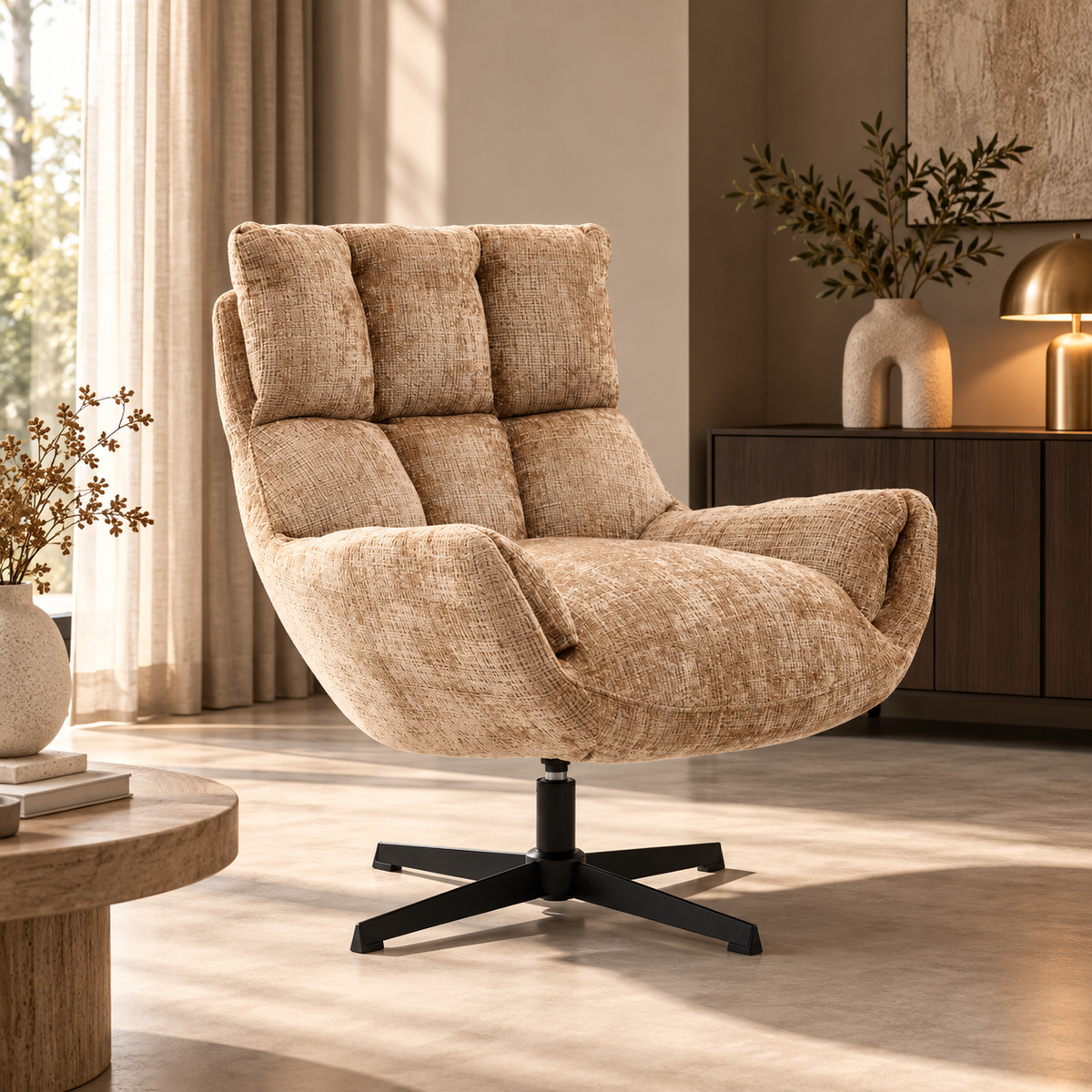 Draaifauteuil Janna in Cremona cinnamon in een lichte woonkamer met houten salontafel