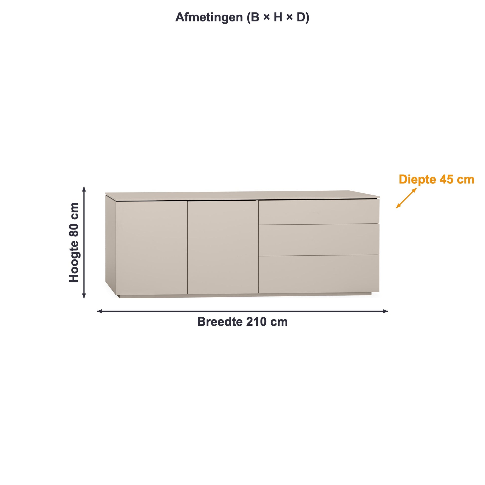 Afmetingen dressoir Strand: 210 × 80 × 45 cm (B × H × D)