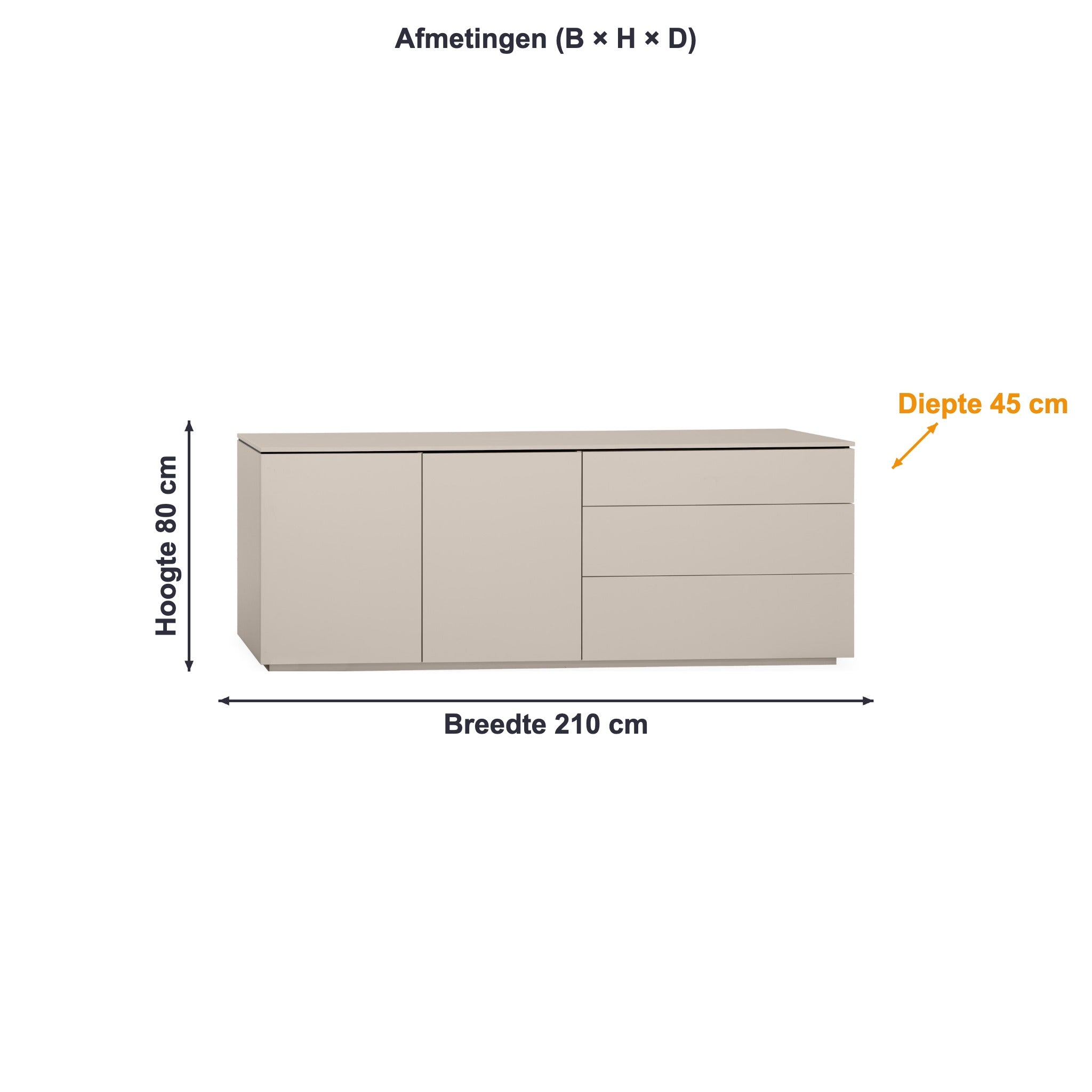 Afmetingen dressoir Strand: 210 × 80 × 45 cm (B × H × D)