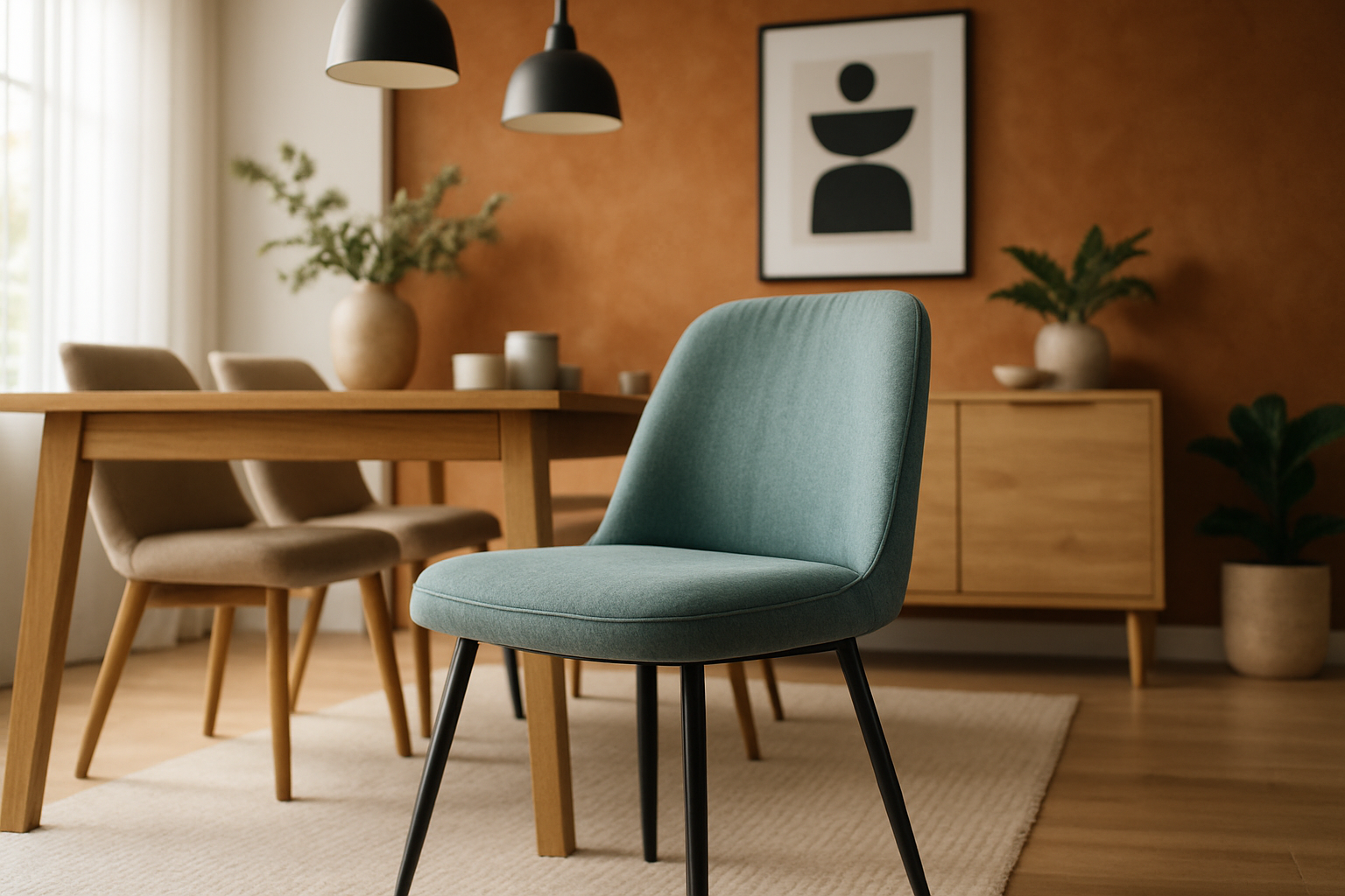 een moderne familie vriendelijk trendy eetkamer met de focus op een van de eetkamerstoelen 