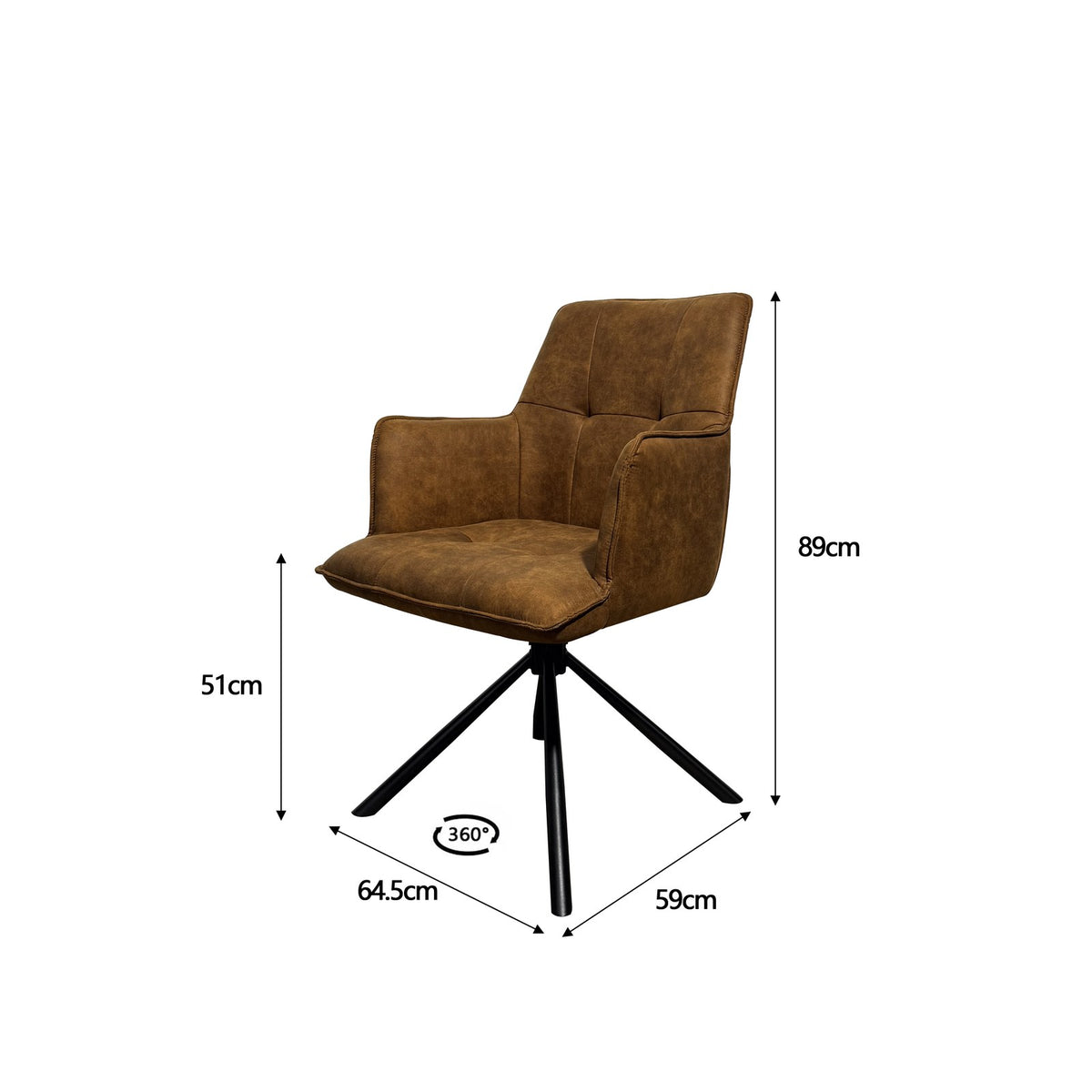 Eetkamerstoel Dublin Cognac - afmetingen 89 x 59 x 64,5 cm, zithoogte 51 cm