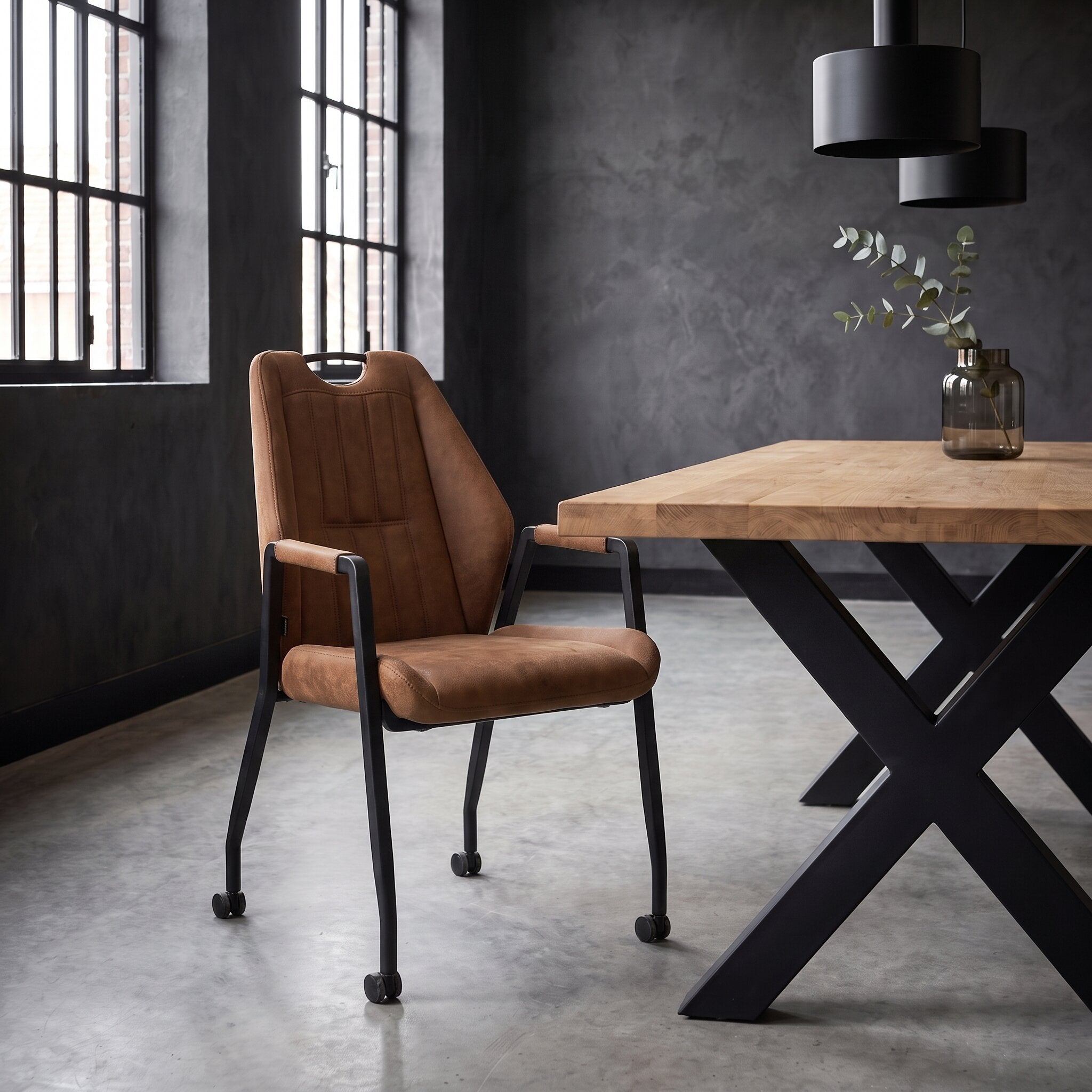 Eetkamerstoel Sara cognac losse stoel met armleuning en wieltjes in industrieel interieur