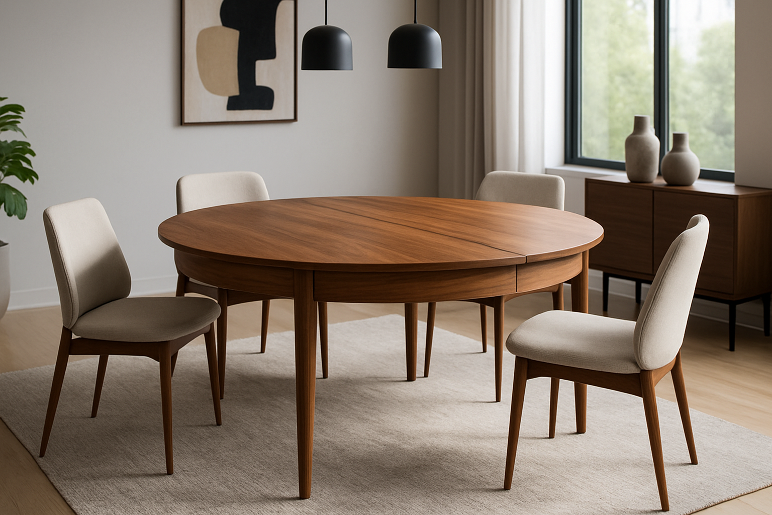 eettafel uitschuifbaar rond van hout in een modern interieur.