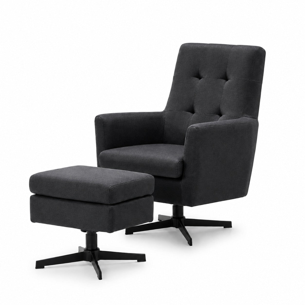 Fauteuil Chester Antraciet – draaibare relaxfauteuil met geknoopte rug en hocker, stof Rennes