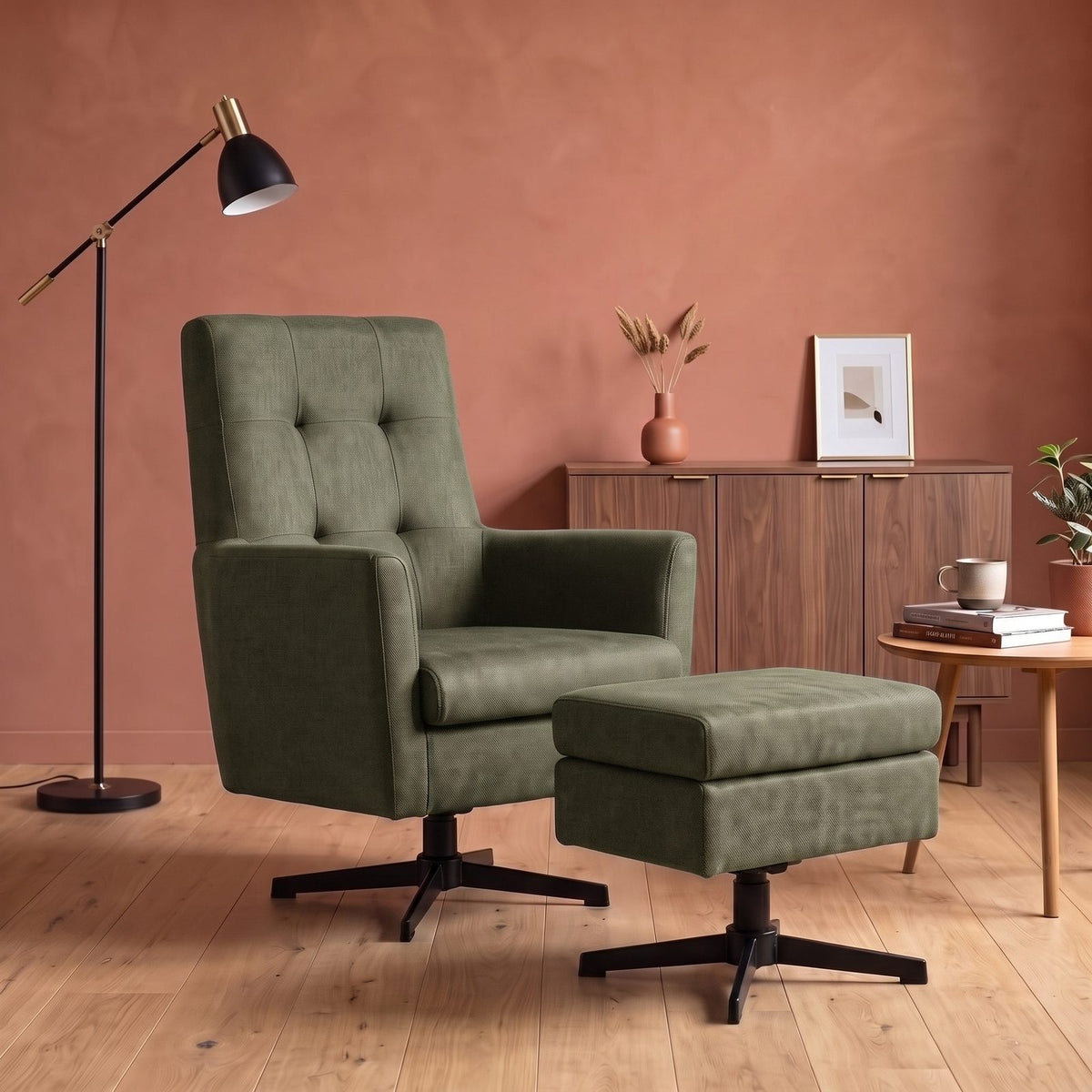 Fauteuil Chester Beige - sfeerfoto met geknoopte rug, leeshoek en wandkast