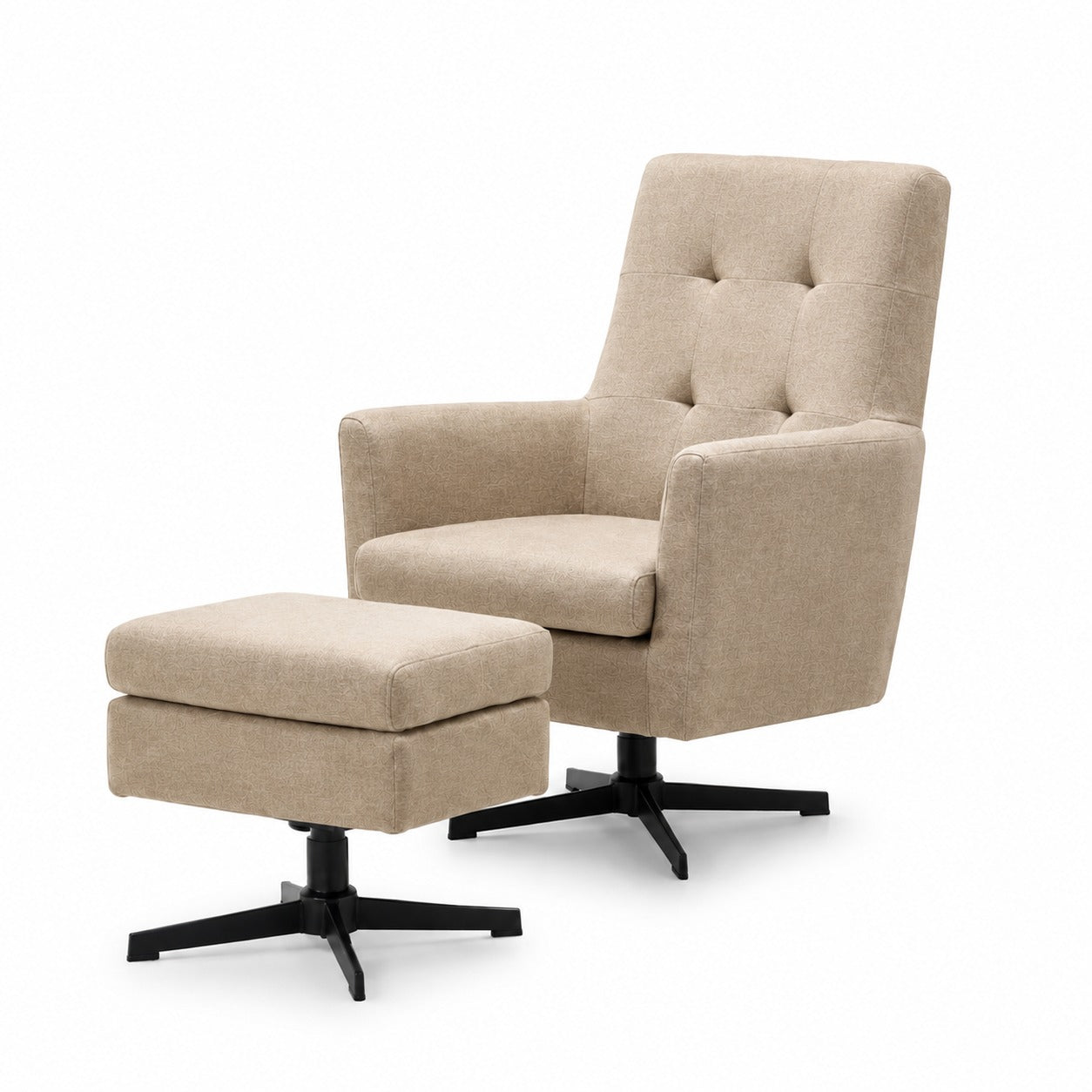Fauteuil Chester Beige – draaibare relaxfauteuil met geknoopte rug en hocker, stof Rennes
