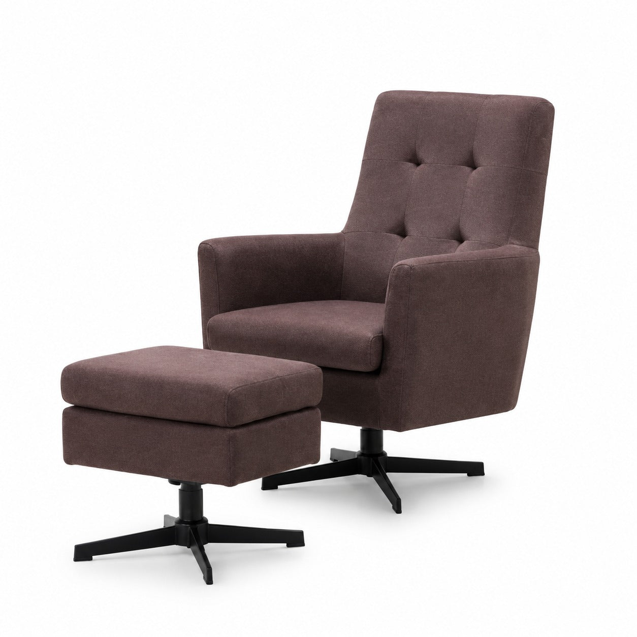 Fauteuil Chester Brown – draaibare relaxfauteuil met geknoopte rug en hocker, stof Rennes