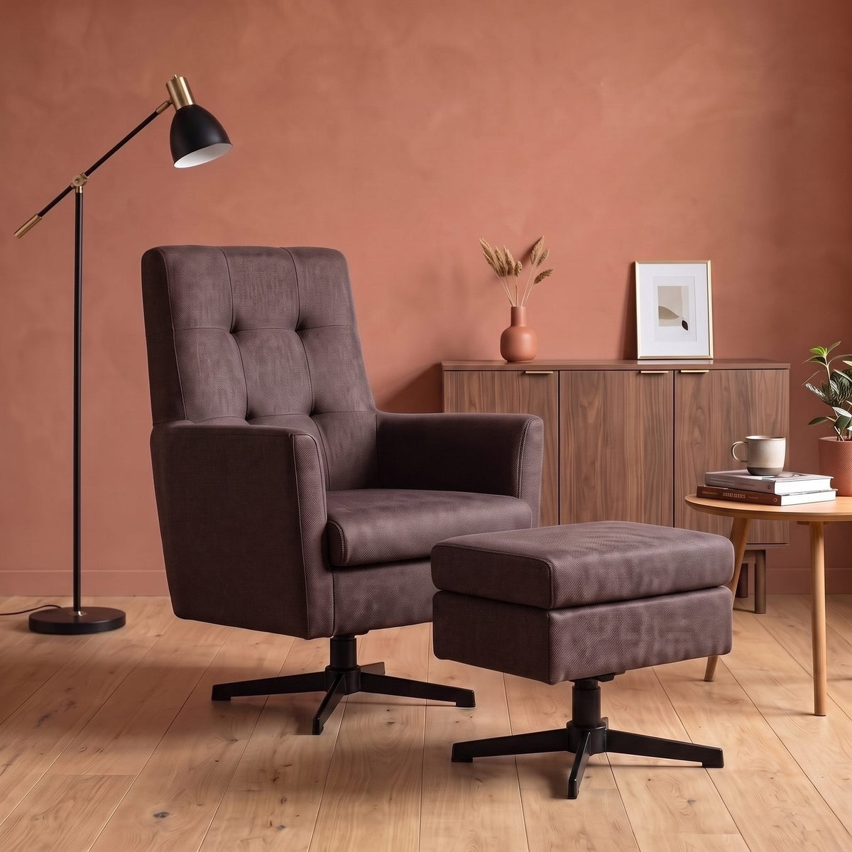 Fauteuil Chester Groen - sfeerfoto met geknoopte rug, leeshoek en wandkast