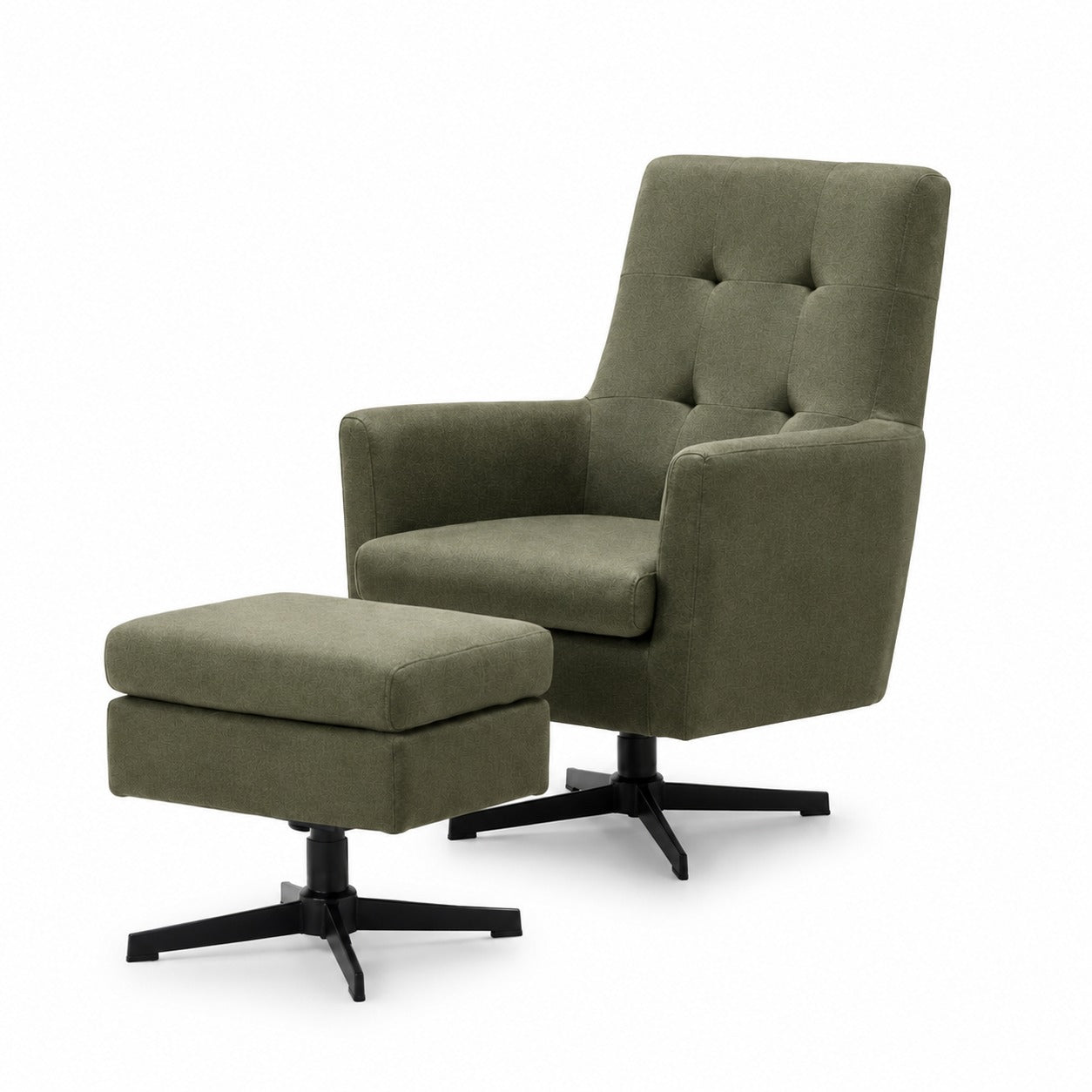 Fauteuil Chester Moss – draaibare relaxfauteuil met geknoopte rug en hocker, stof Rennes