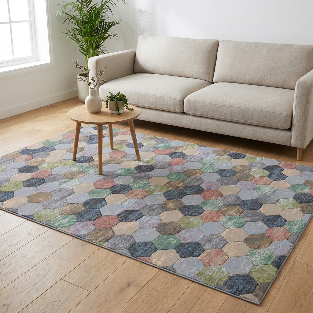 Vloerkleed Amado Grijs Multicolor in sfeervolle woonkamer