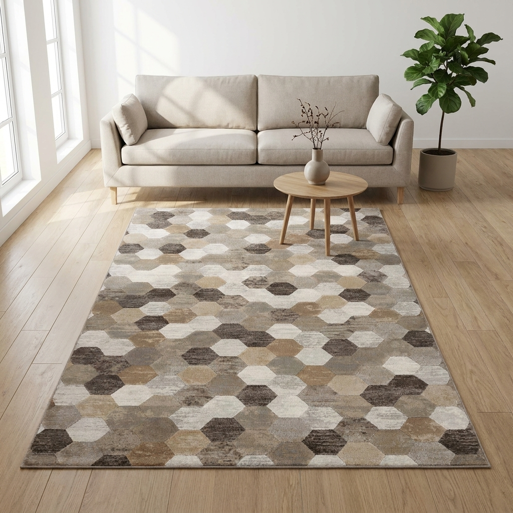 Vloerkleed Amado Taupe Bruin in sfeervolle woonkamer