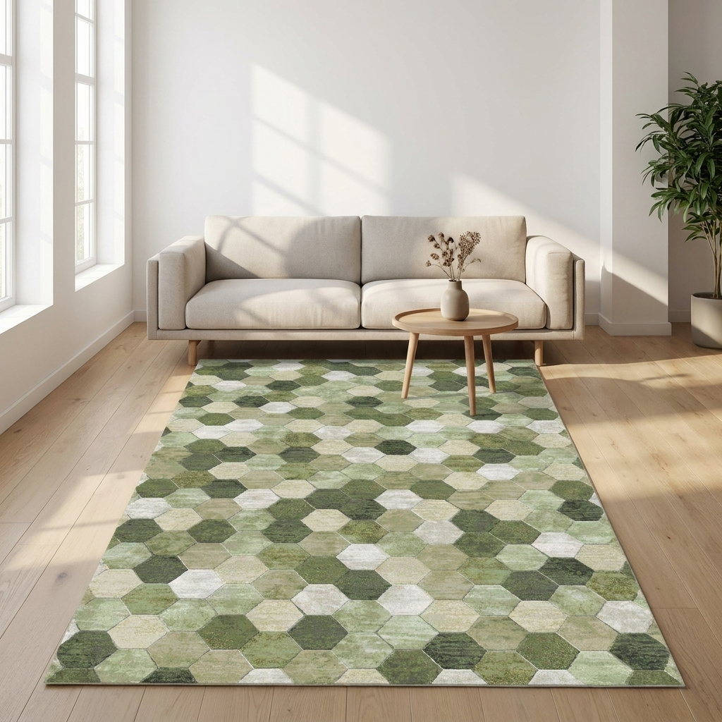 Vloerkleed Amado Groen Multicolor in sfeervolle woonkamer