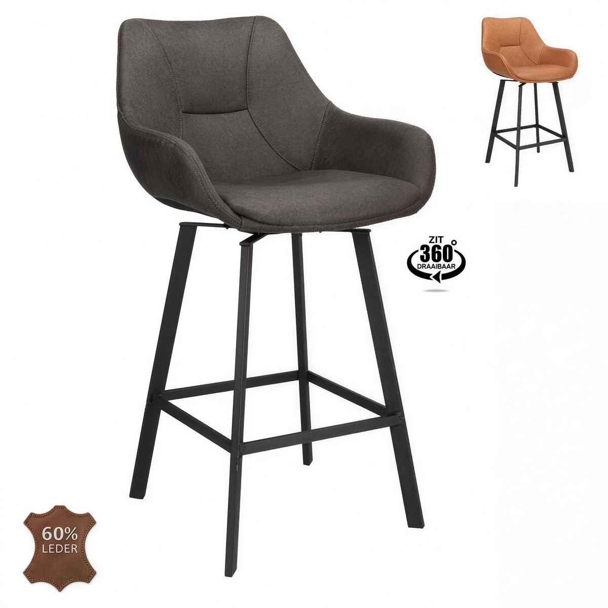 Barkruk met armleuning Klaas ZH 65 microleder Camel met zwarte poten - MaxLiving barkruk