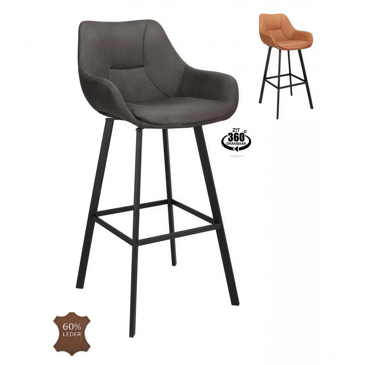 Barkruk met armleuning Klaas ZH 80 microleder Camel met zwarte poten - MaxLiving barkruk